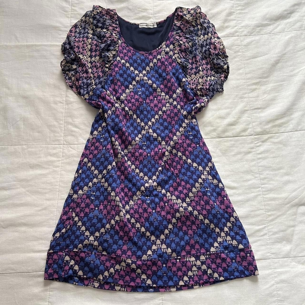 Geometric Patterned Dress with Puff Sleeves